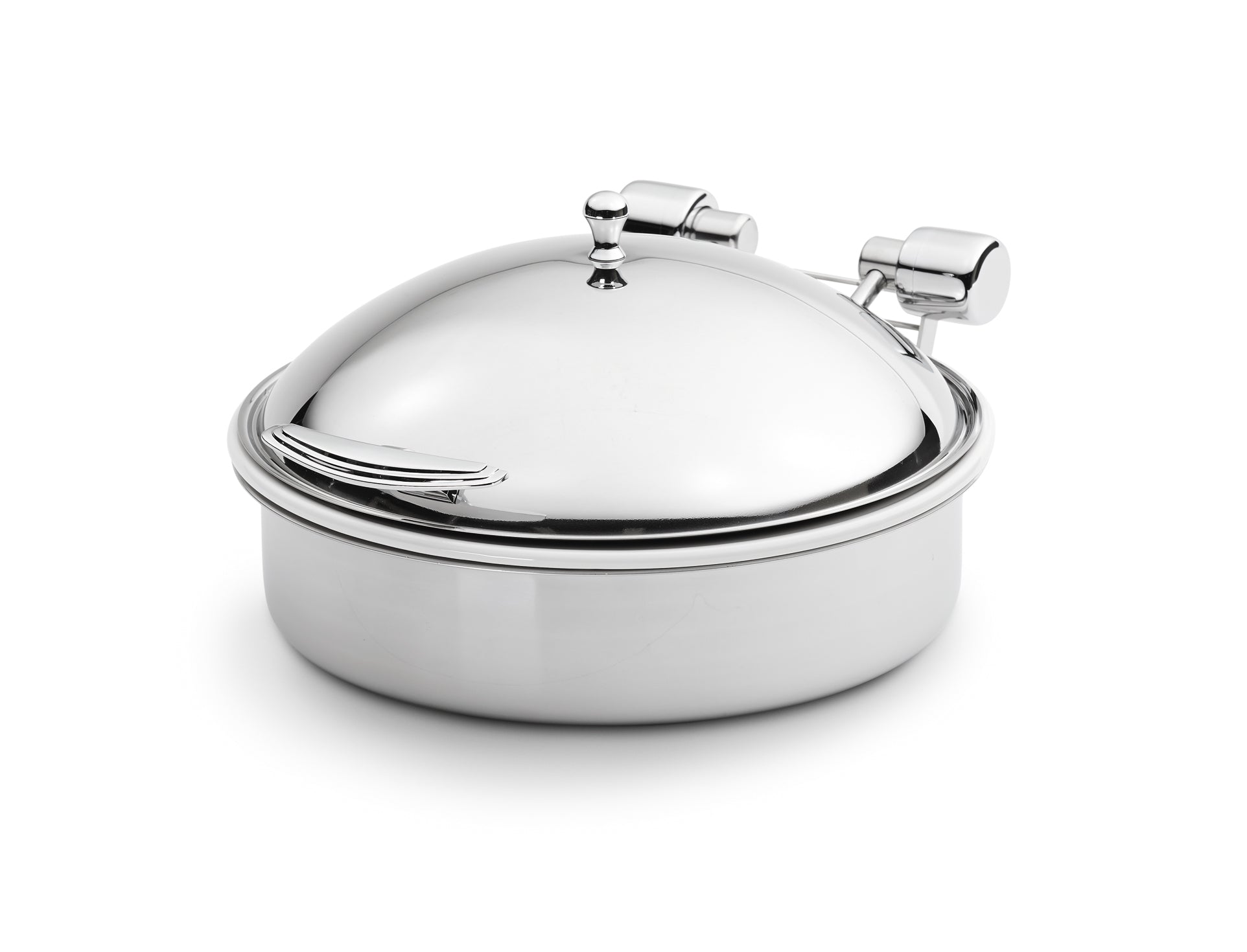 6-quart Intrigue® solid-top round stainless steel induction chafer with stainless steel trim and stainless steel food pan